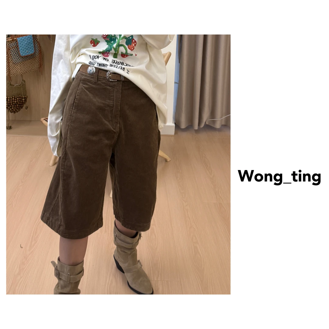【wong_ting】小众设计师四色灯芯绒腰带款重要百搭六分裤25769
