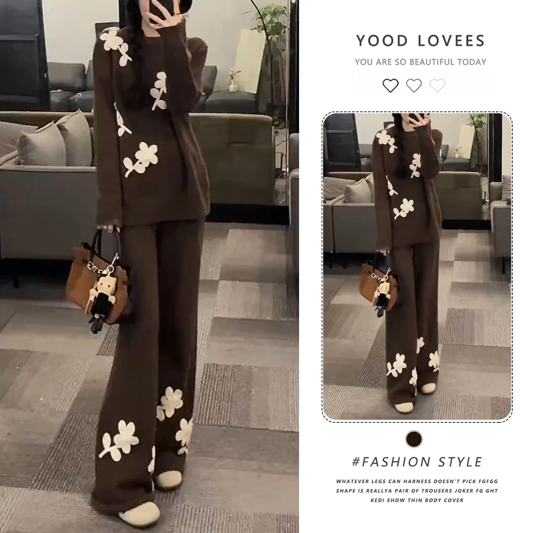 2026超火冬装一整套针织套装女韩版宽松慵懒风高腰阔腿裤两件套潮