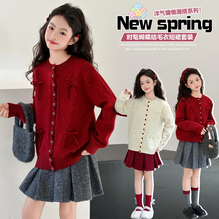 女童红色毛衣秋冬装2025新款女孩大童新年针织开衫儿童洋气衣