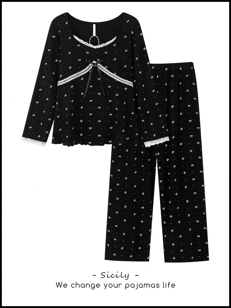 miu系蝴蝶结~法式长袖睡衣女春秋带胸垫休闲可外穿家居服套装