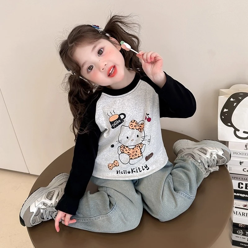 女童猫咪春秋款2025新款儿童拼色上衣打底衫t女孩宝宝秋季秋装T恤