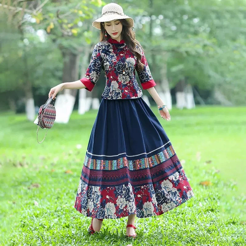 民国风盘扣中式套装女民族风旗袍上衣裙子两件套（请手洗）