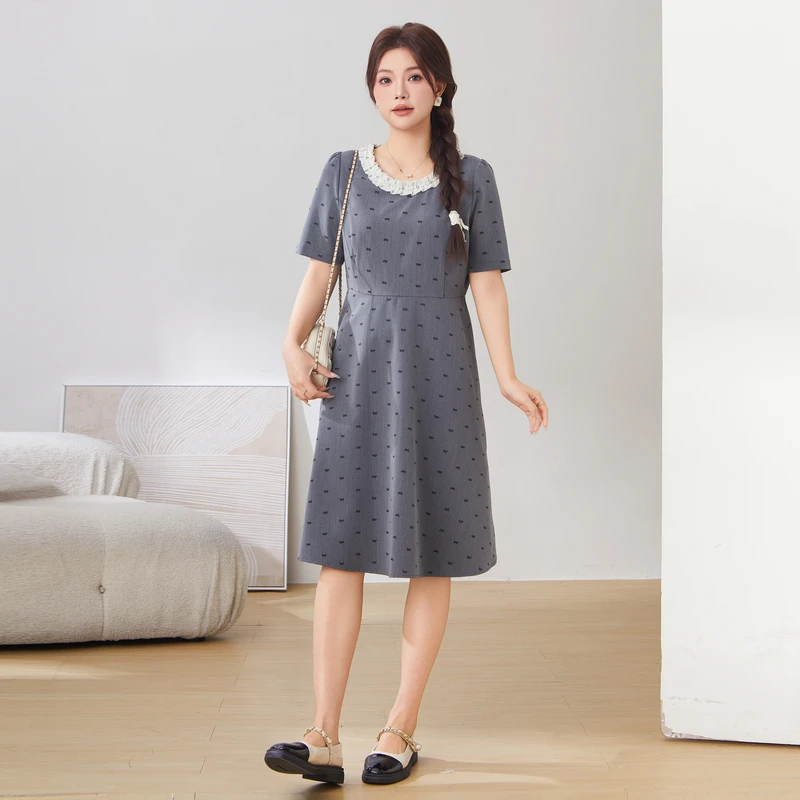 采多宝大码女装小香风蝴蝶结印花连衣裙 EXQ2976