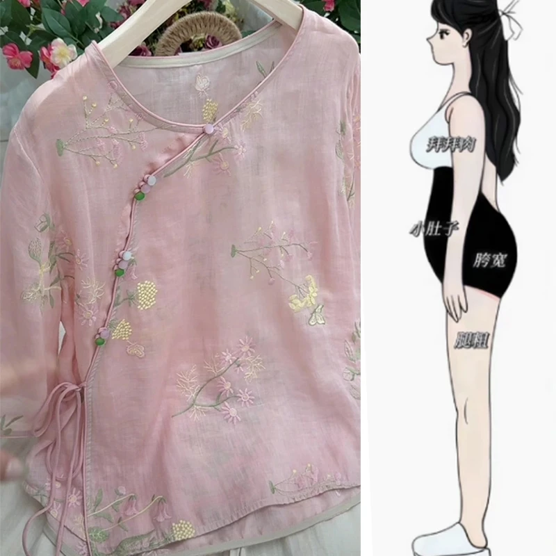 2025夏季新款复古斜襟刺绣苎麻小衫新中式琉璃扣衬衫女上衣