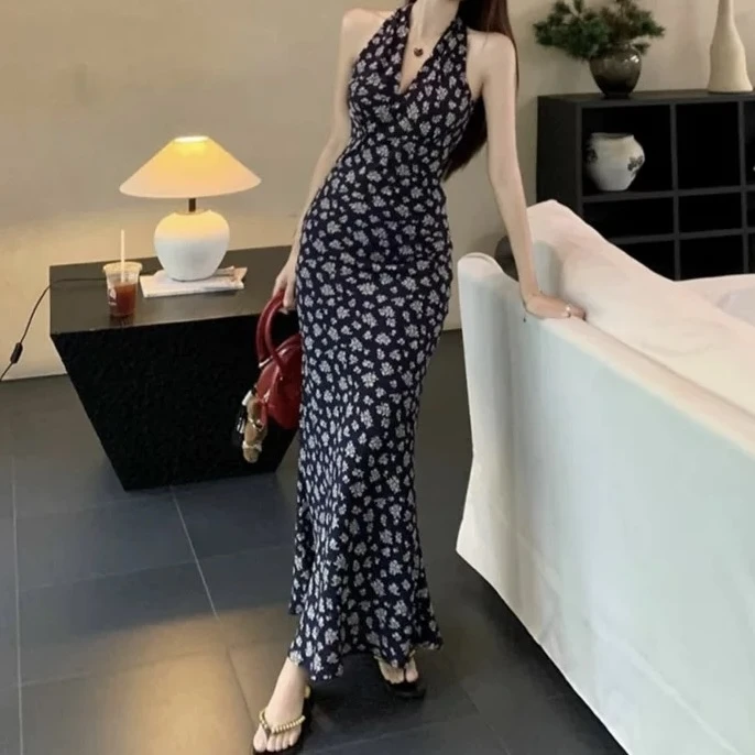 「阿男专属」莫奈花园  纯欲绝美气质挂脖碎花吊带连衣裙 114-8672#