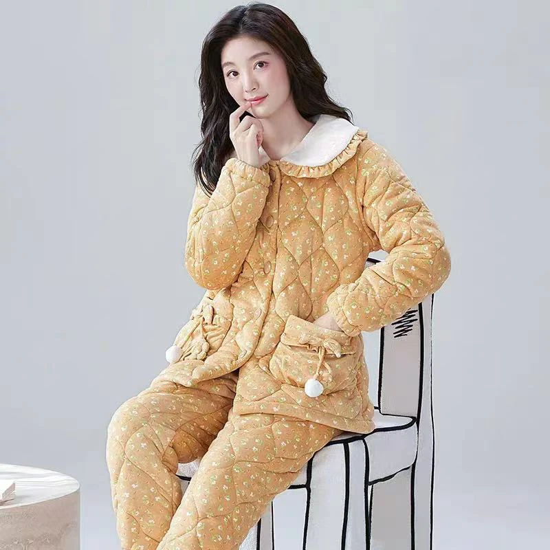 【K116】海岛绒精品贵妇款翻领三层夹棉秋冬加厚长袖长裤