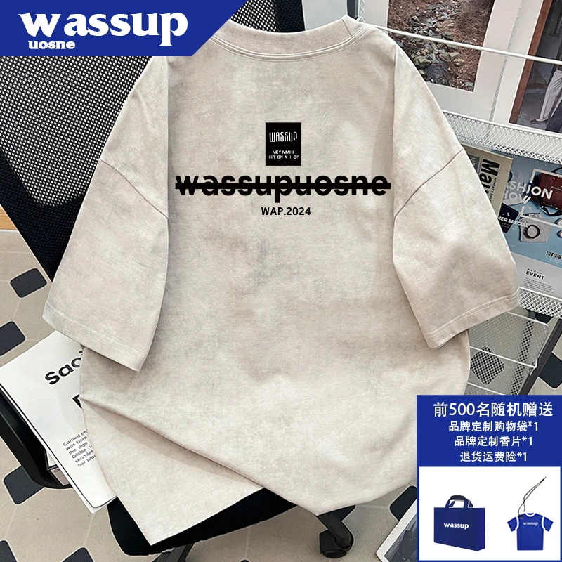 美式潮牌短袖t恤夏季男款重磅纯棉复古做旧蜡染半袖百搭款上衣服