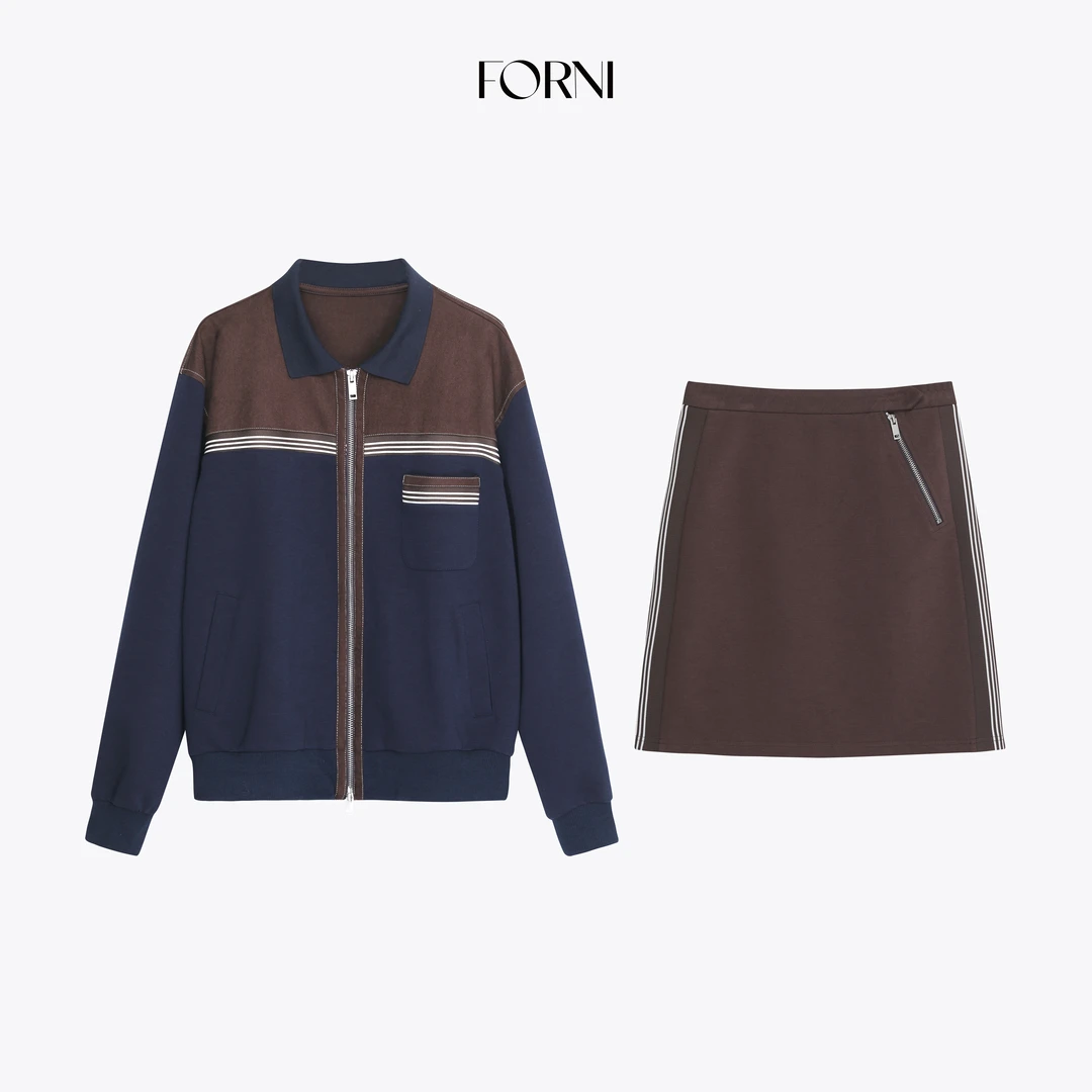 FORNI 夹心布朗尼  MIU系同款拼色条纹休闲夹克外套半身裙套装