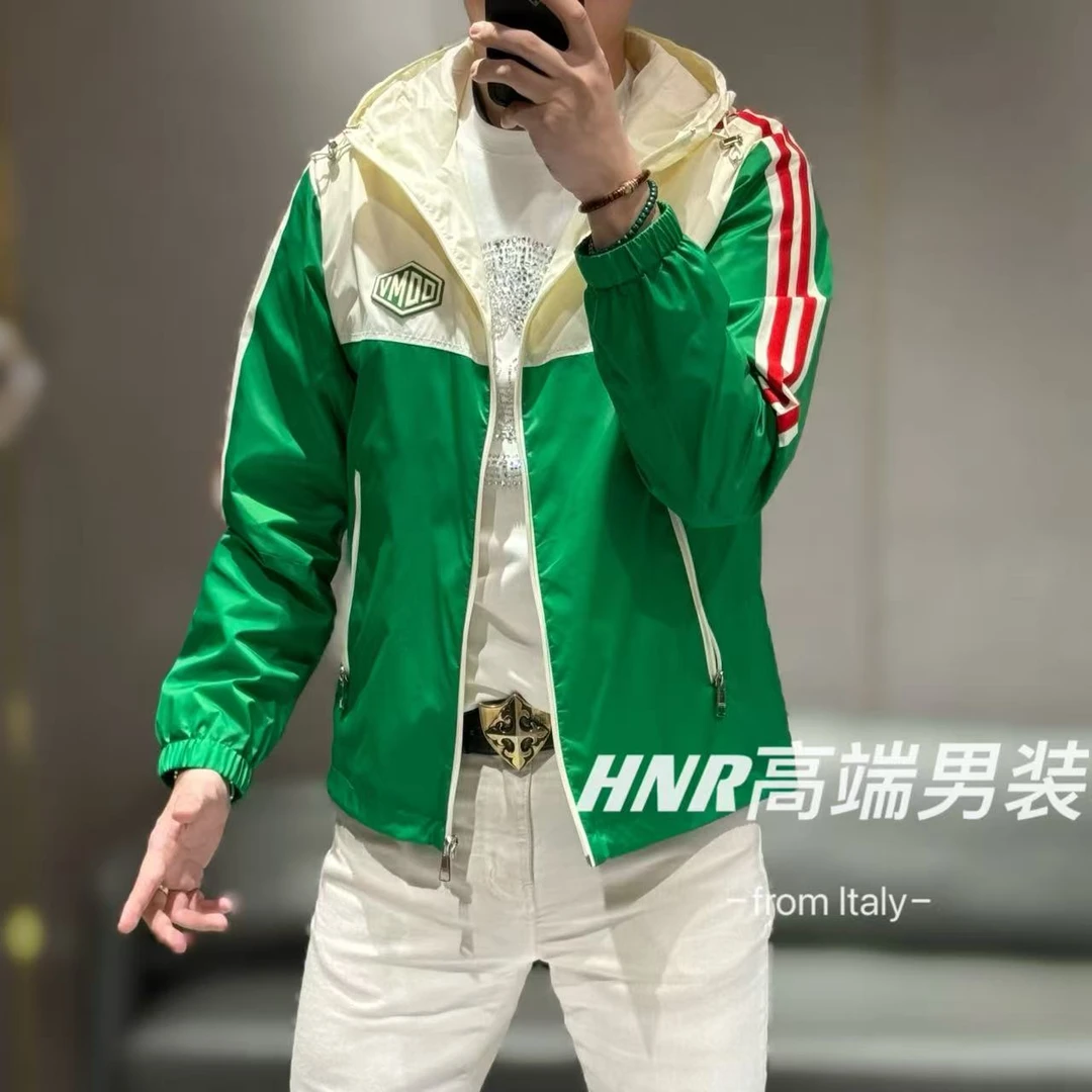 春季新品手工织带点缀上下拼色拉链连帽休闲男士夹克8270