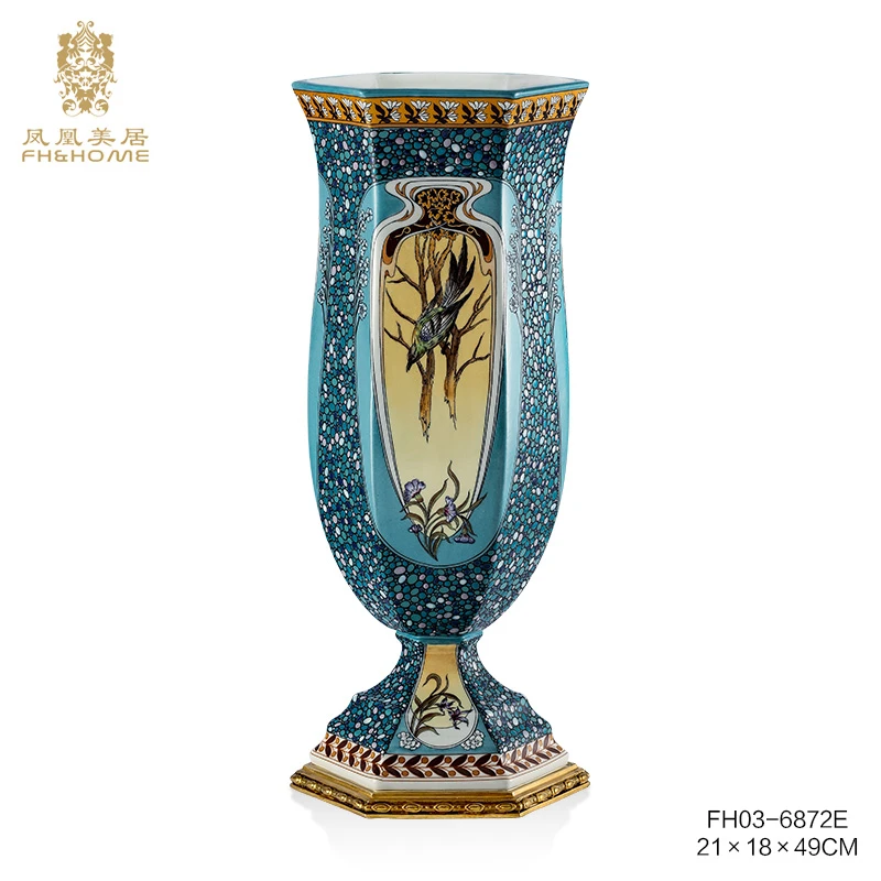 FH&HOME/凤凰美居奢华高温瓷蓝底六瓣腰形瓶摆件饰品摆件
