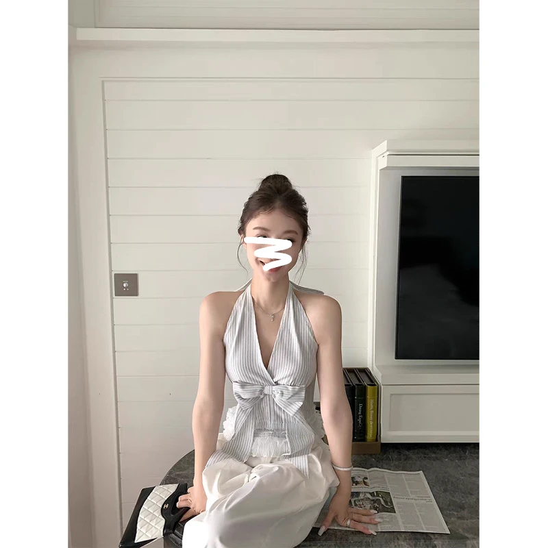 收腰束型挂脖V领连衣裙女夏季2025新款条纹设计鱼骨抹胸吊带背心