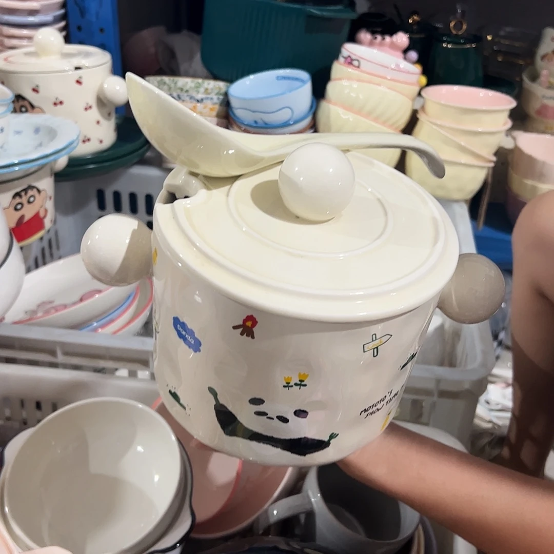 瓷片熊猫猪油罐1600毫升微瑕