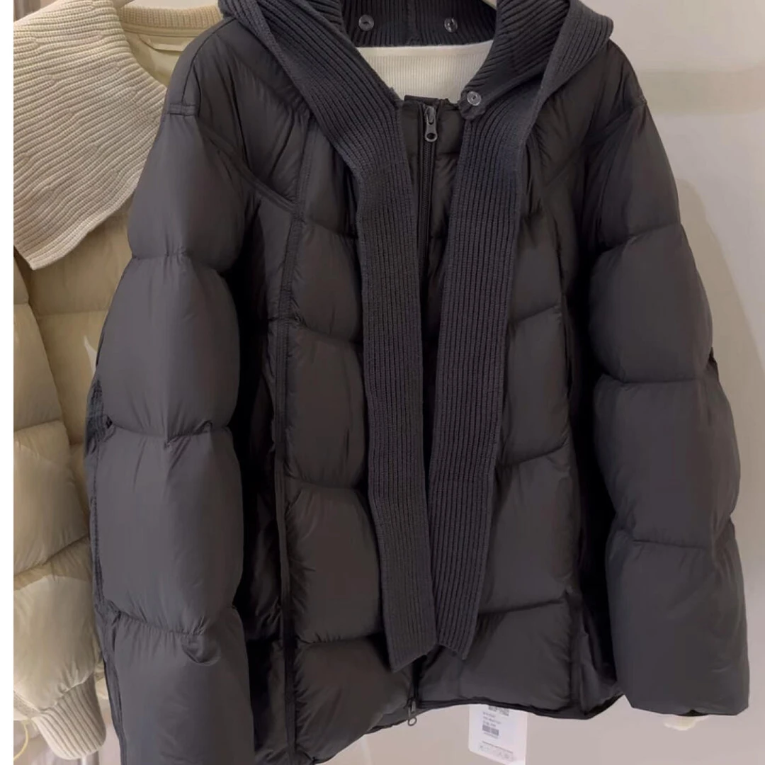 2025冬季新款韩系保暖加厚白鸭绒外套泡芙可拆卸针织连帽羽绒服女