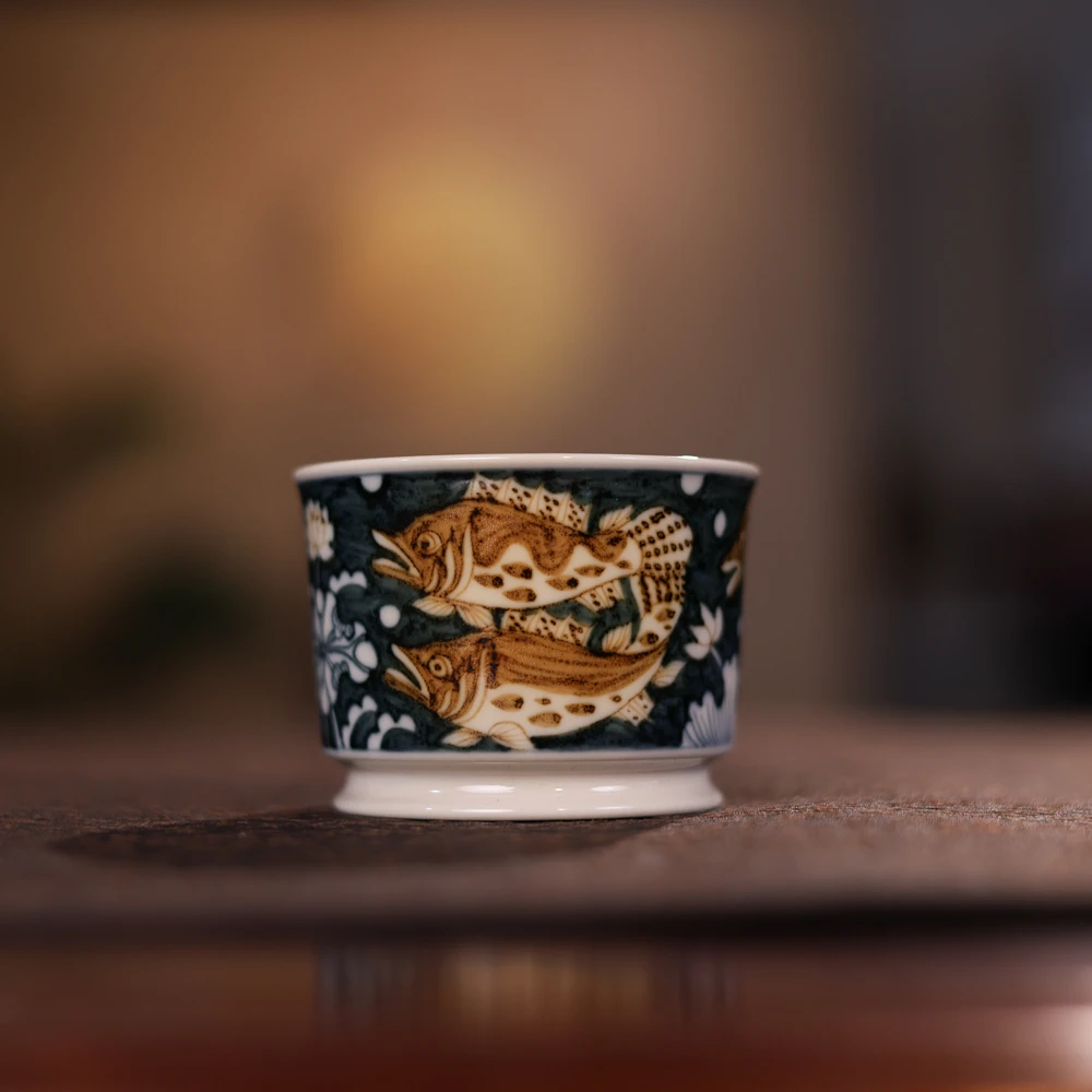 【汪汪茶器】立勤堂青花釉里金九鳜小容天杯（YLJ-B-039）