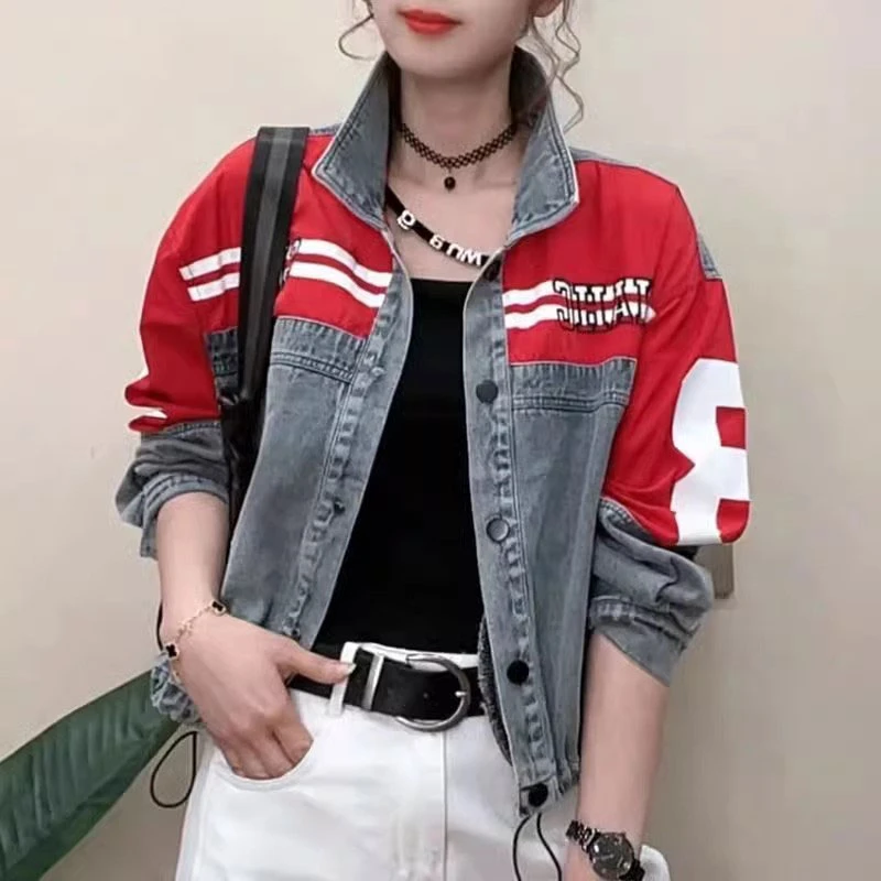 欧货流行撞色立领牛仔外套女2025年春秋新款潮牌宽松复古工装上衣