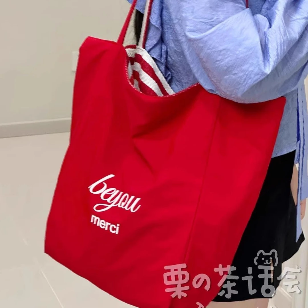 2025韩国新条纹帆布袋ins慵懒风托特包学生大容量休闲单肩包包女