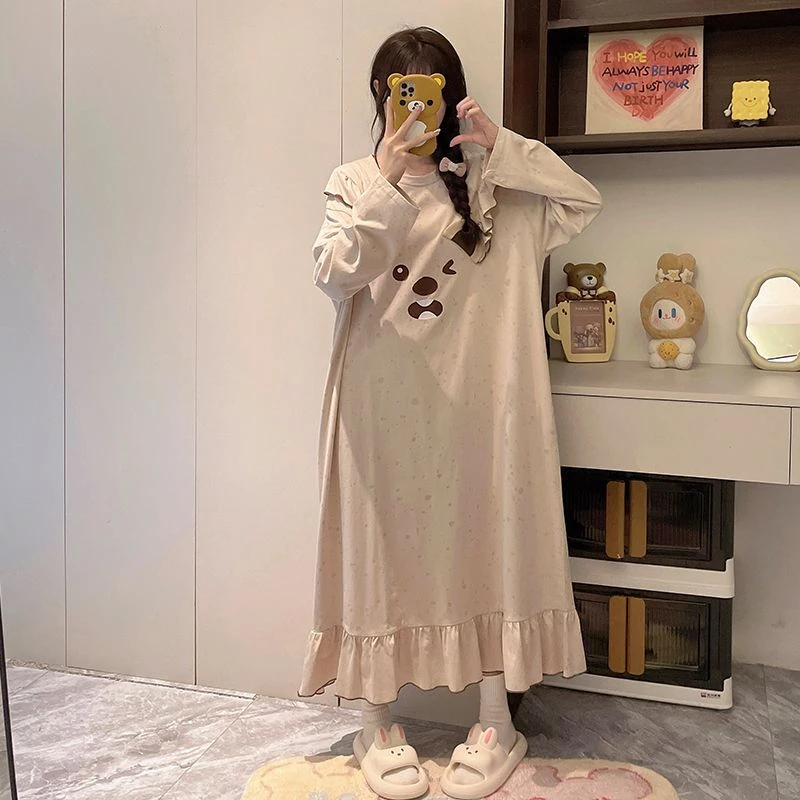春秋季长袖睡裙女纯棉可爱大码宽松睡衣家居服甜美