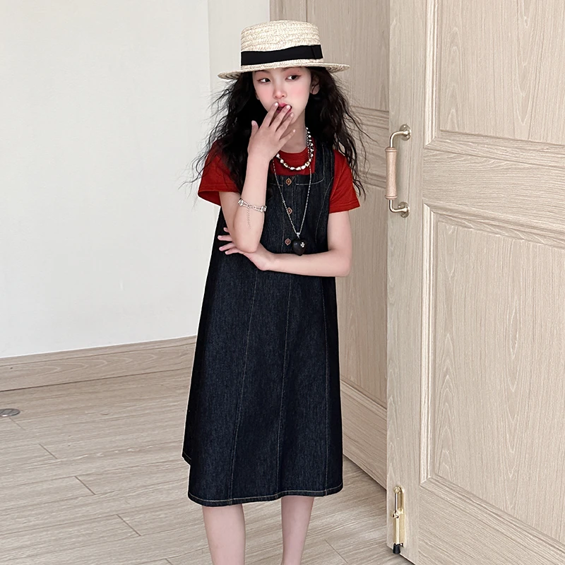 女童夏季牛仔背带裙套装2025新款女孩大童装短袖上衣裙子两件套