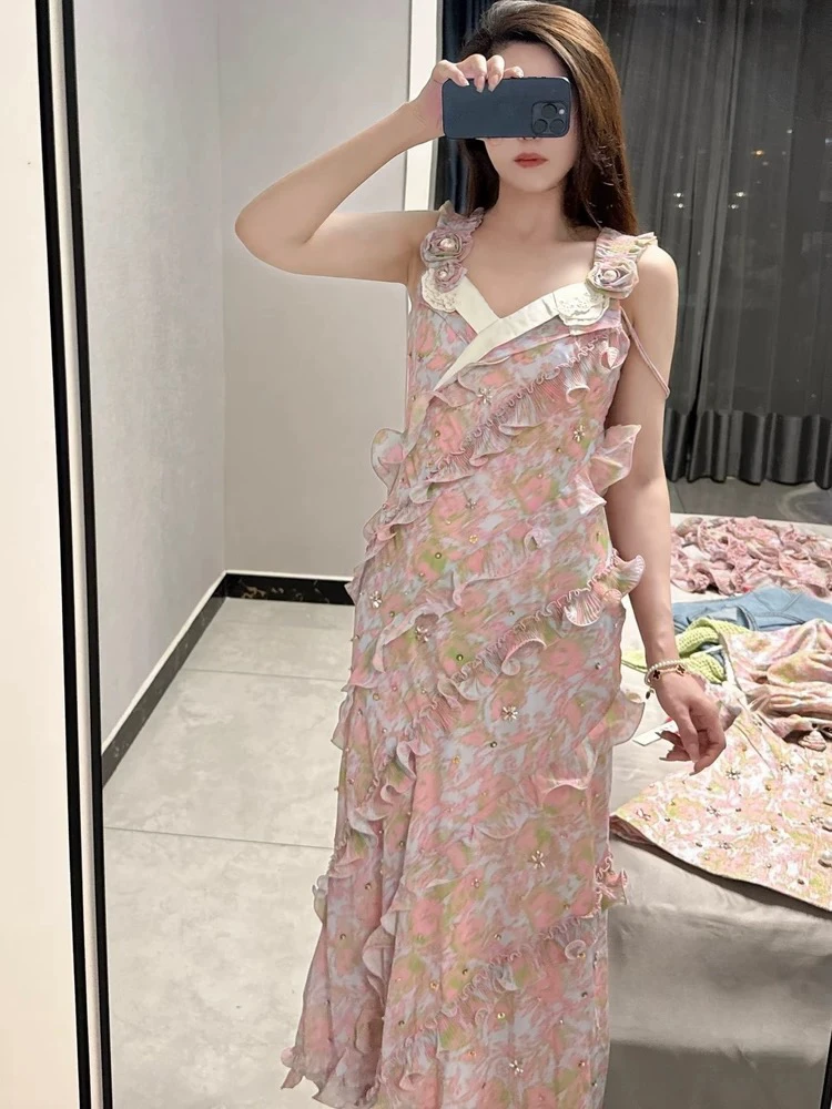 花颜层叠木耳边设计感V领印花浪漫吊带度假长裙夏