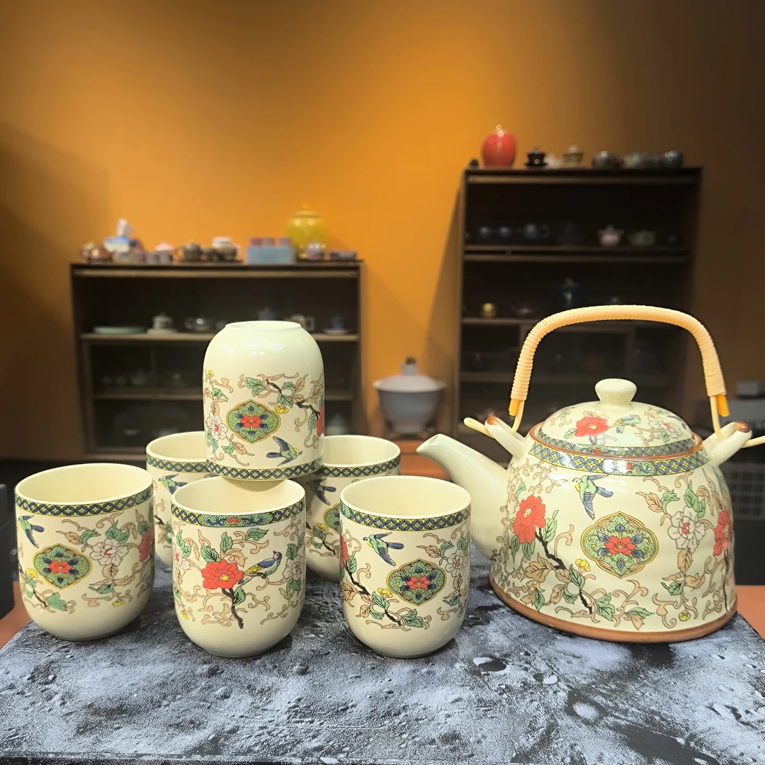 沐雨茶具 复古缠枝莲藤花大提梁壶一壶六杯小套组功夫茶具-2645