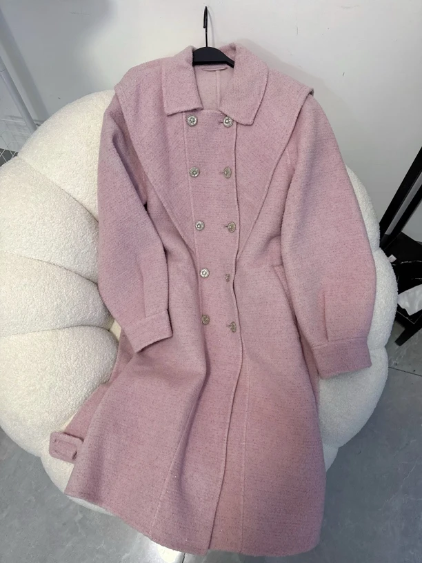 甜美气质减龄粉紫色收腰大衣外套