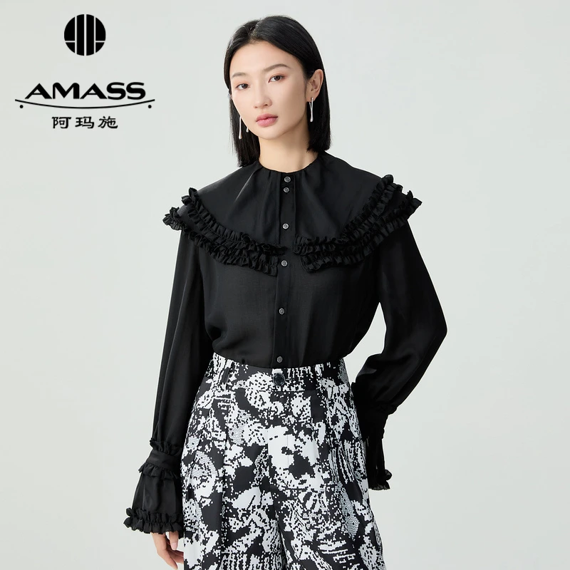 阿玛施AMASS 法式宫廷风优雅浪漫抽褶小圆领荷边 衬衫5300805