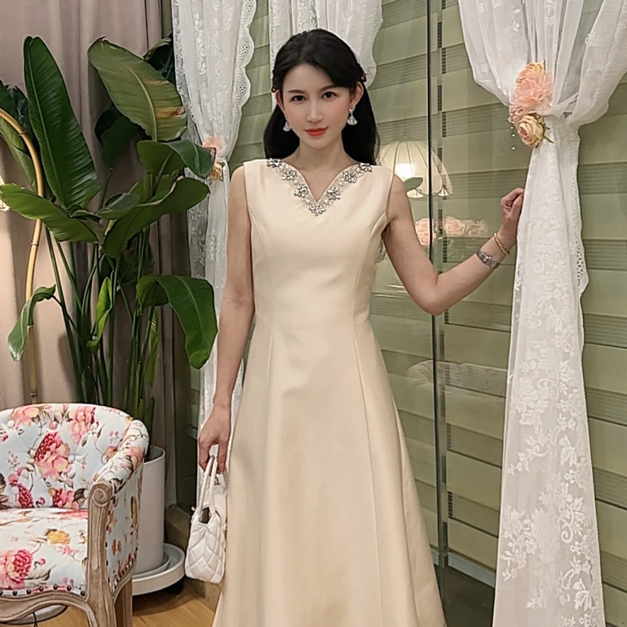 【花开半夏】AN063虞七七  V领镶钻气质名媛有口袋无袖连衣裙