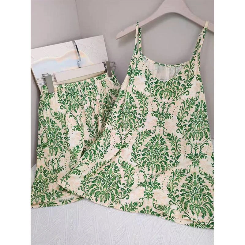 国风甜美碎花带胸垫睡衣女薄款带胸垫吊带短裤V领薄荷曼波家居服