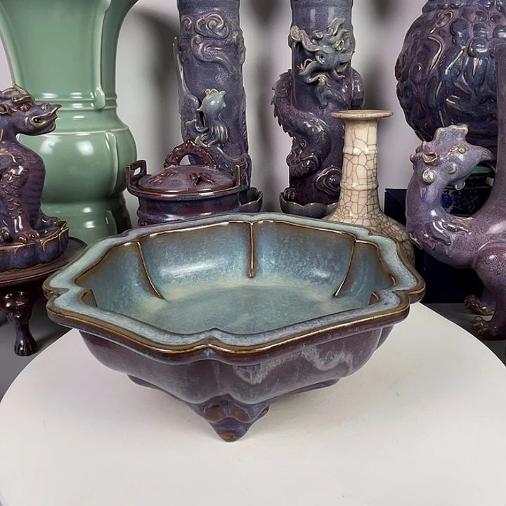 小***愚摆件陶均瓷玫瑰紫釉三足洗！