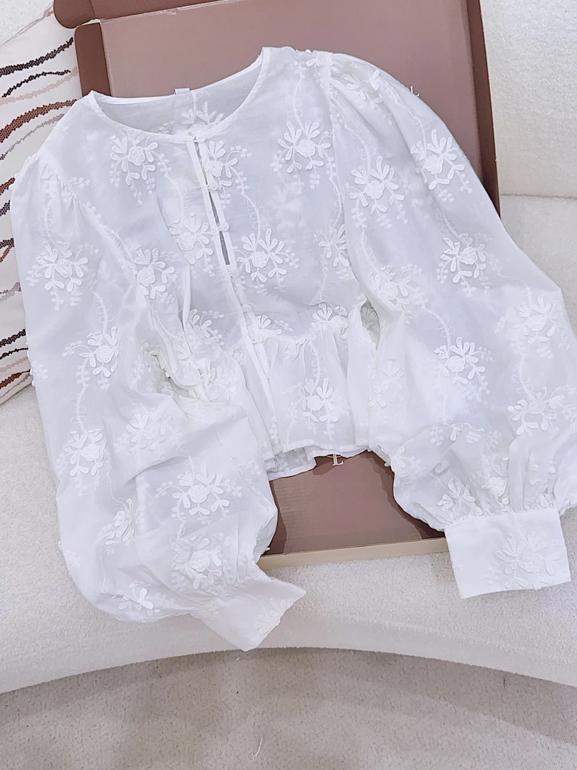 琳心丨夏季新休闲时尚款圆领蕾丝立体刺绣长袖防晒衬衫 0237