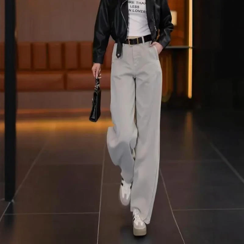 奶灰色阔腿牛仔裤女2025新款春秋高腰垂感宽松直筒休闲百搭弯刀裤