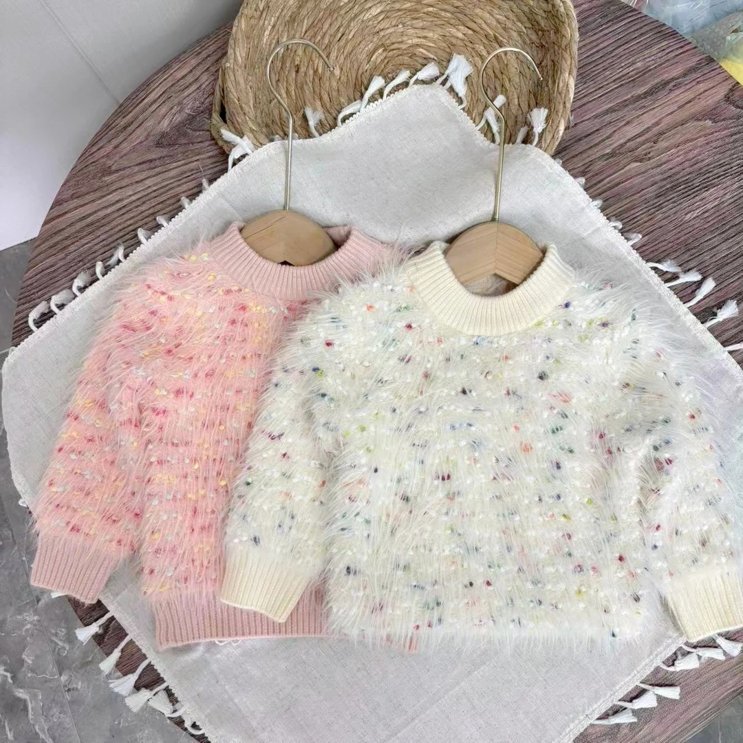 豆豆纱长毛厚款针织衫小童毛衣秋冬波点公主风常规女宝圆领纯色