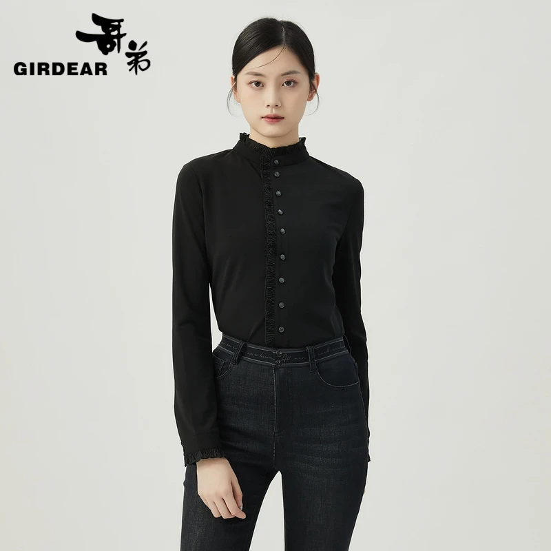 GIRDEAR/哥弟新款法式木耳边超弹立领衬衫气质衬衣长袖1300936