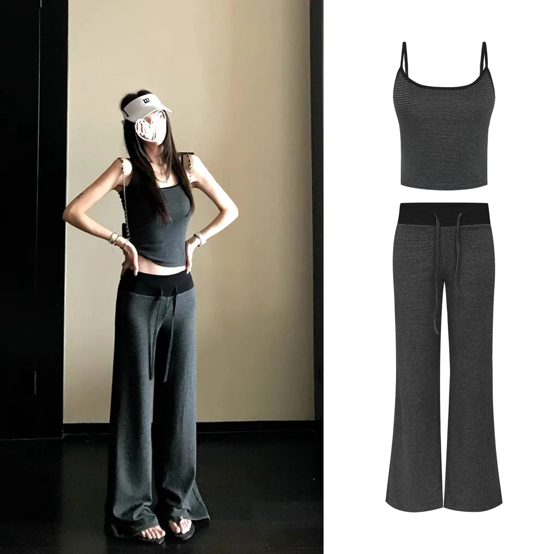 纯欲风性感细条纹吊带上衣+夏季新款高腰休闲阔腿裤套装z645+z646