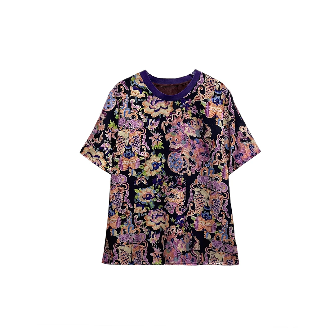 【囍庆】新款洋气百搭显瘦印花圆领T恤女时尚休闲短袖上衣12161