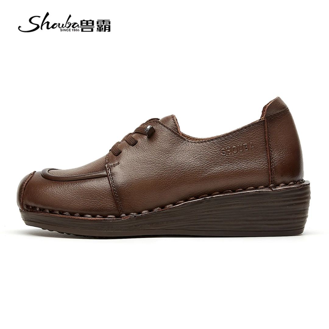 兽霸单鞋手工水洗牛皮女鞋百搭春季乐福鞋时尚软底坡跟舒适妈妈鞋