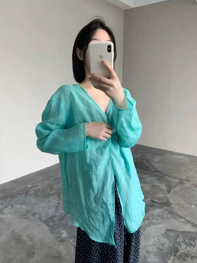 斜纹苎麻湖蓝色交叉设计感衬衫防晒上衣2025新款