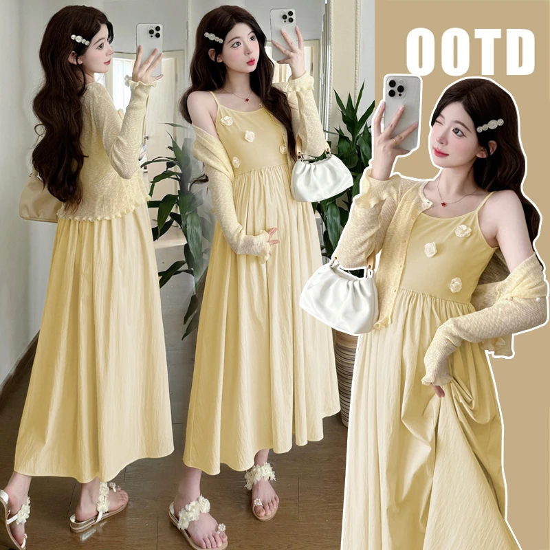 【苏安诺】孕妇装春夏款设计感立体花朵吊带连衣裙+小开衫两件套