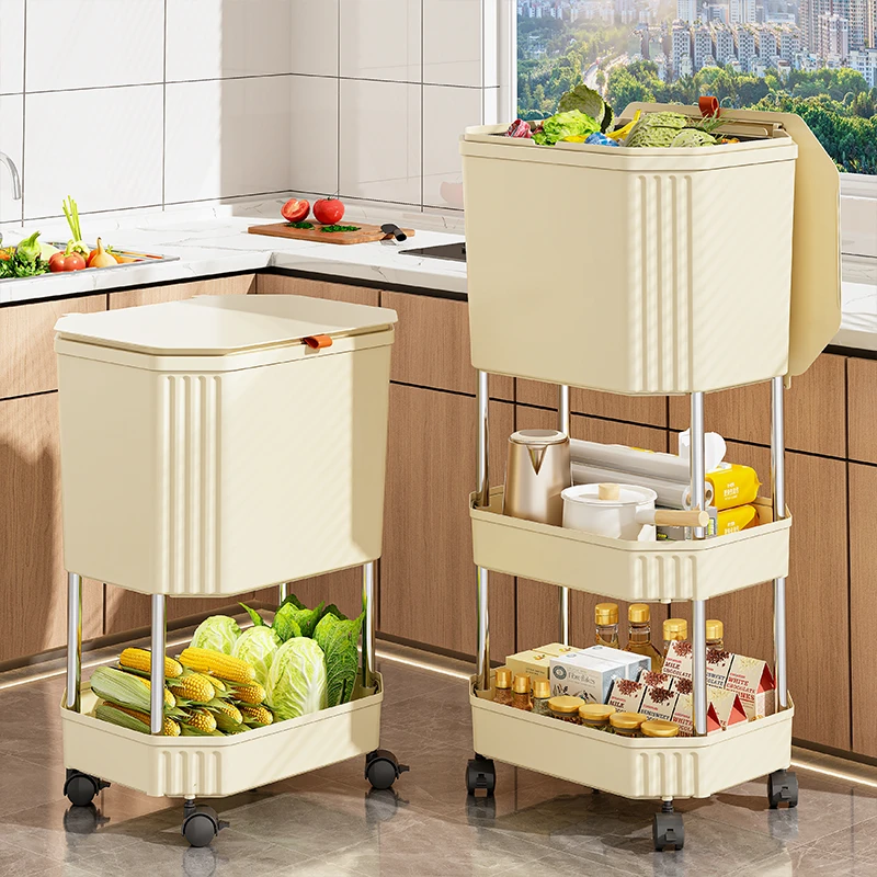 俏洁厨房垃圾桶高款可移动双层免弯腰卫生桶家用大容量蔬菜置物架
