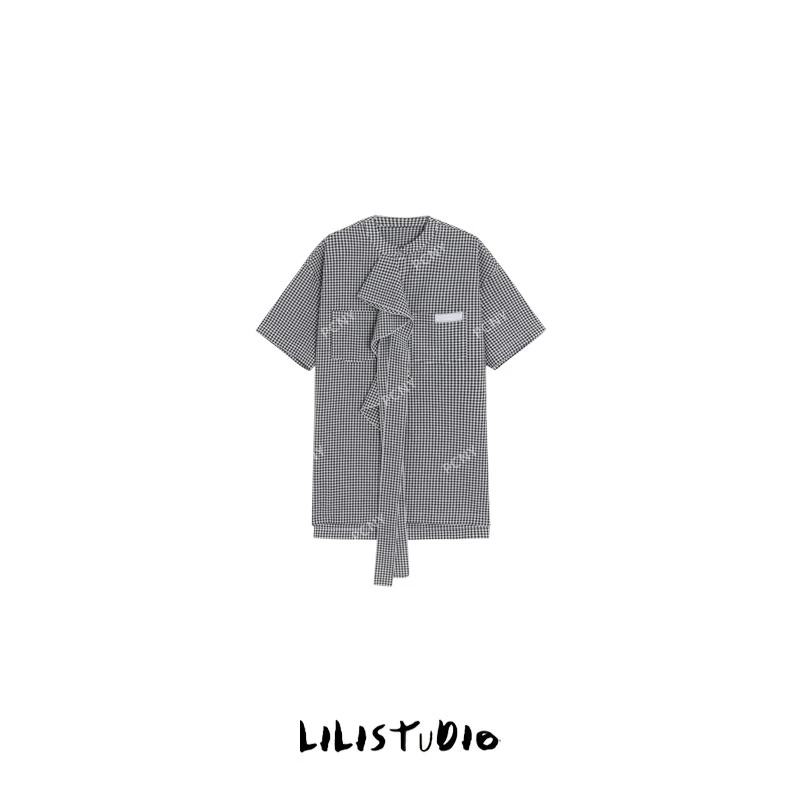 「暮霭沉林」不理理夏季新款小众女装减龄蝴蝶结绑带格子连衣裙