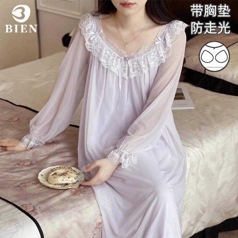 BIEN网纱仙女睡裙女春秋季甜美可爱公主宫廷风家居服法式带胸垫夏