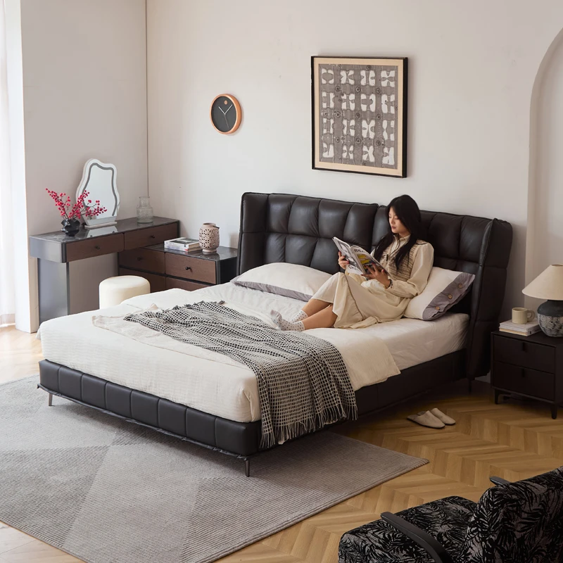 乐致肌肉床真皮复古极简中古风主卧室实木现代头层高箱牛皮床储物