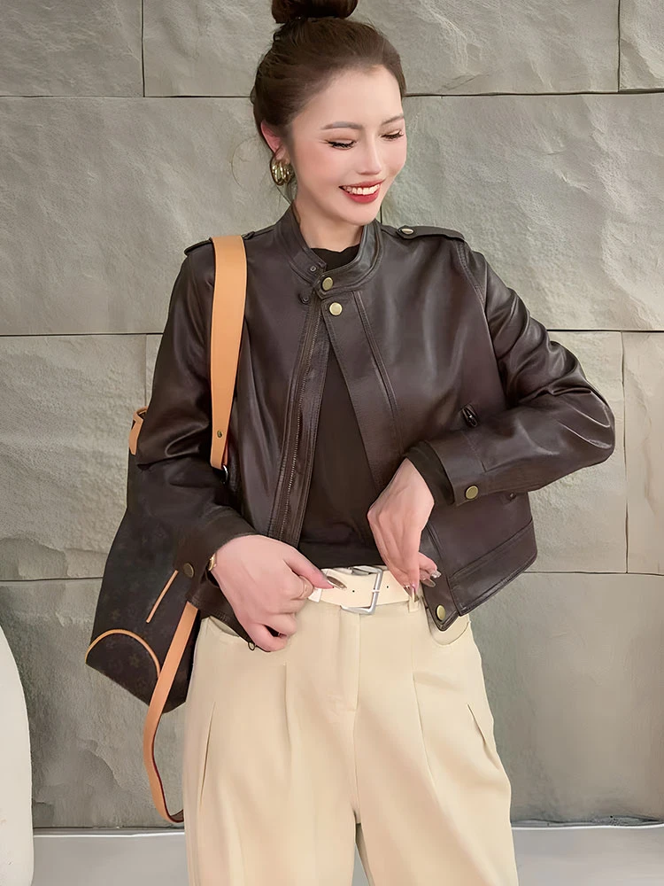 2025皮衣外套女短款春秋新款棕色气质高级感小个子机车复古皮夹克