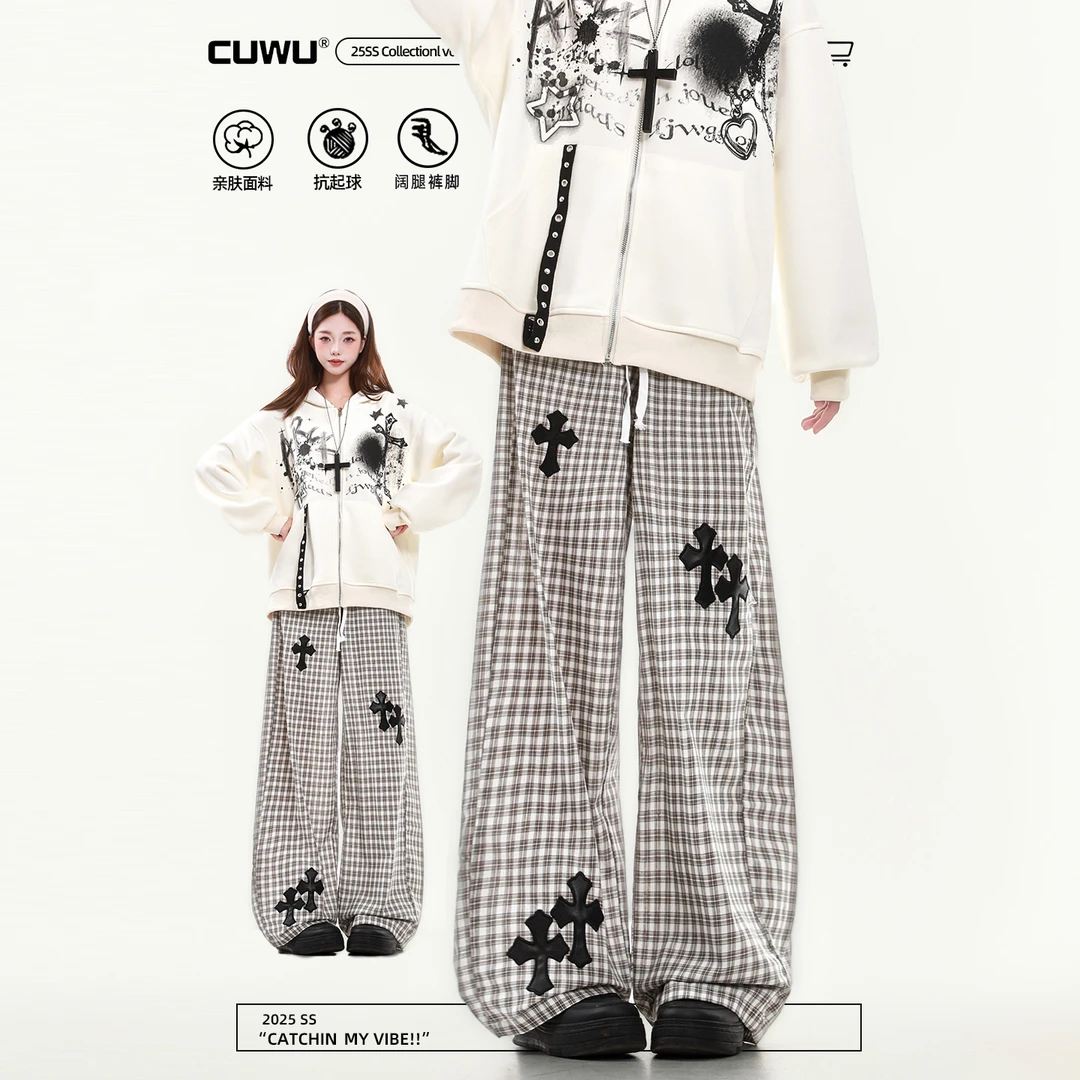 cuwu美式街头格子休闲裤女男秋季松紧腰宽松百搭抽绳直筒阔腿裤子