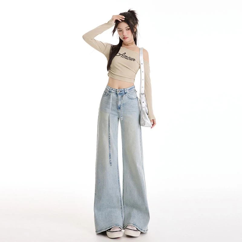2025春秋微喇弹力牛仔裤女不贴腿马蹄高腰显瘦宽松阔腿喇叭裤浅蓝