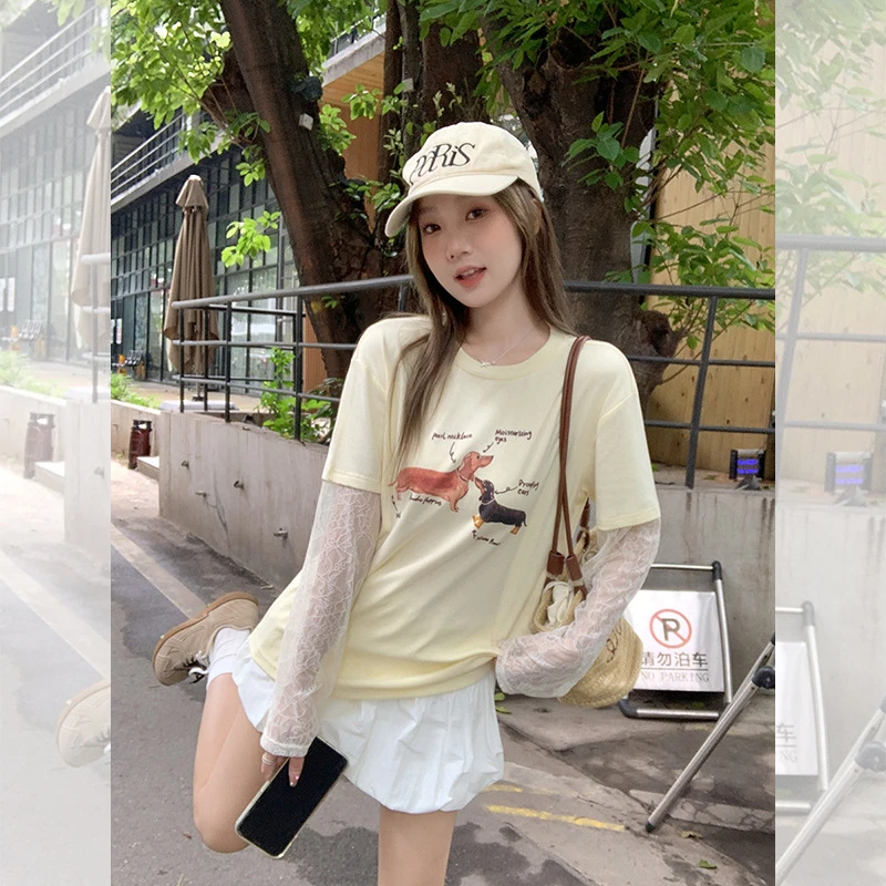 夏季新款蕾丝拼接假两件字母小狗印花圆领长袖T恤女装慵懒感上衣