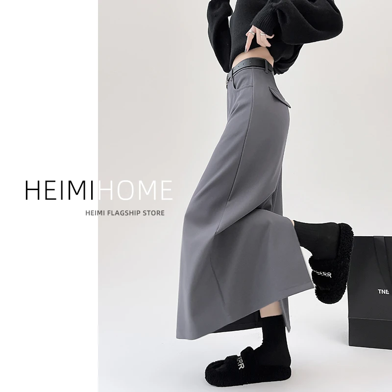 灰色半身裙女2025春秋高腰显瘦直筒a字长裙小个子气质开叉西装裙
