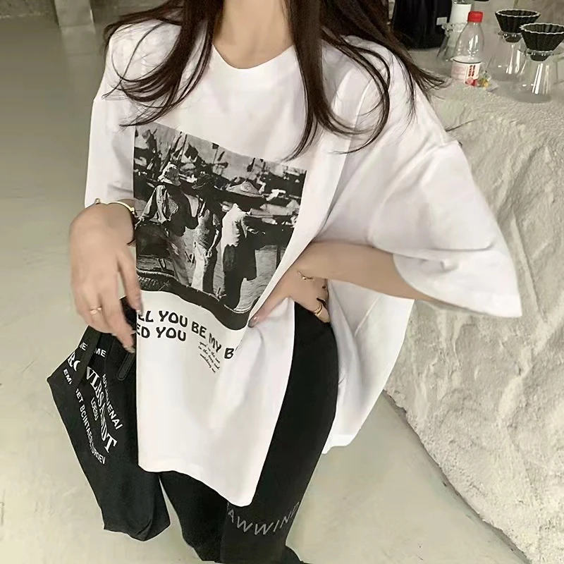 灰色测开叉短袖t恤女夏季2025新款欧货大版宽松百搭中长款上衣潮