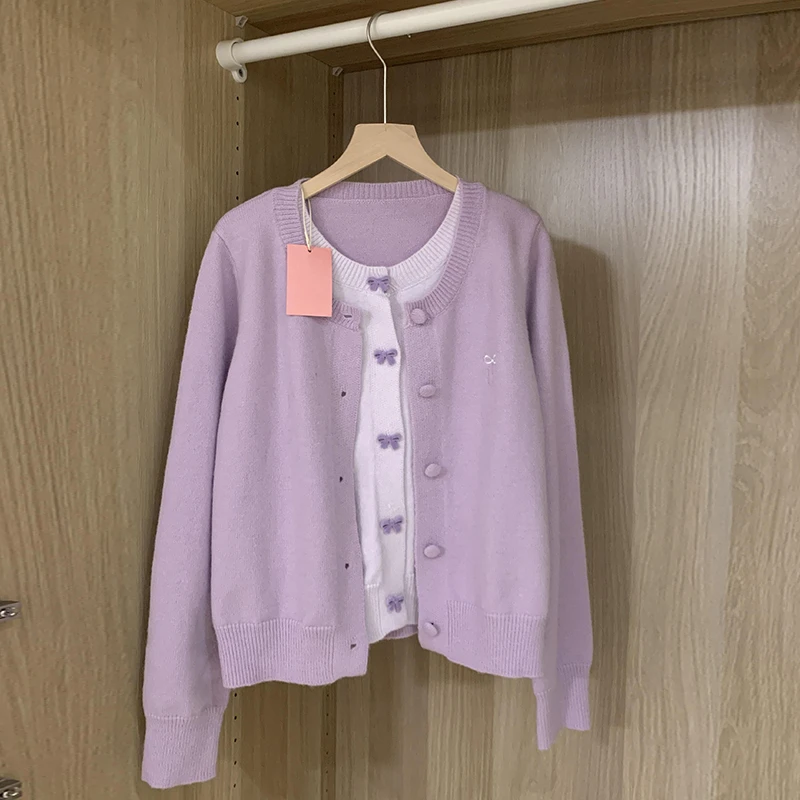 7504【金拐子专属】紫色蝴蝶结假两件针织开衫女生秋冬装早秋外套