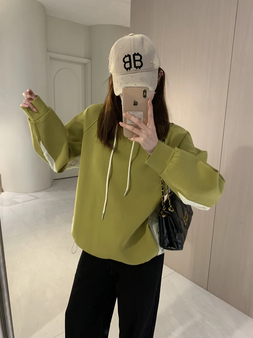 九佳 拼色卫衣宽松显瘦休闲撞色连帽时尚抽绳百搭卫衣